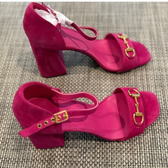 JEFFREY CAMPBELL NWOB Pop-Star-B Block Heel Fuchsia Pink Gold Suede Sandals 10 - Picture 5 of 8